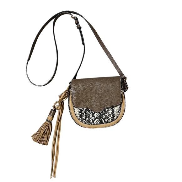 Rebecca Minkoff Suede Snake Print Crossbody Bag Tan Black - Picture 3 of 7